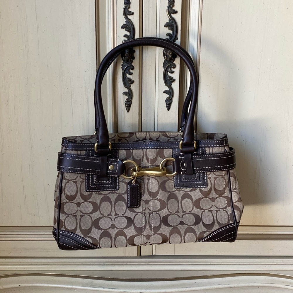 Y2K COACH Brown Signature Fabric Carryall Satchel Bag EUC